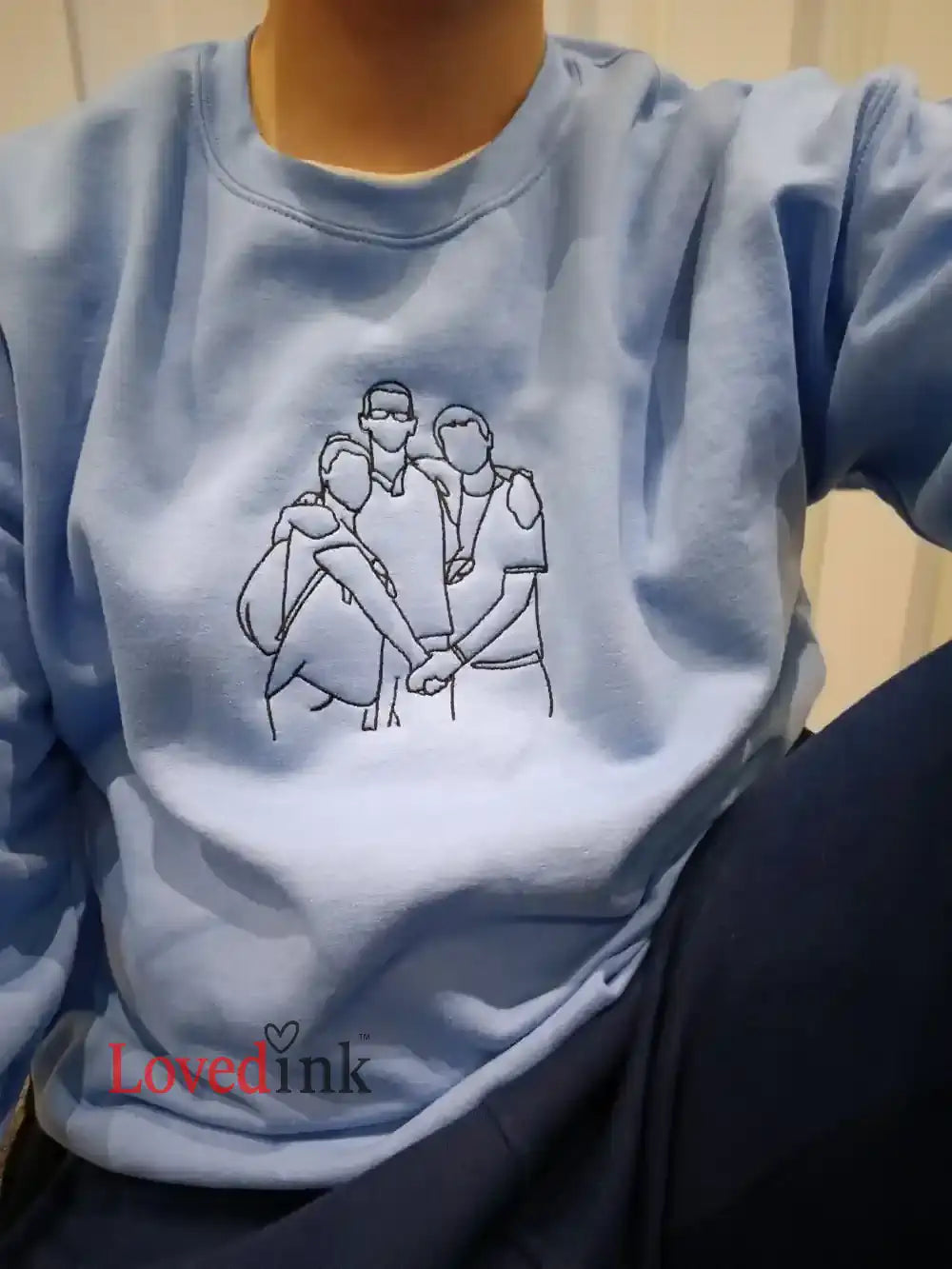 Man with a personalized family portrait embroidered sweatshirt custom minimalist single line art from photo unique friendship or family gift (Lovedink)