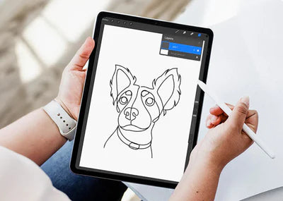 A visual explanation of the 'Lovedink' process against a light blue background. At the top, a large minimalist one-line drawing of a large dog's profile is next to a circular photo of the actual dog. Below the brand logo, a line drawing of a group of people hugging is next to the original photo of a smiling family of three. At the bottom right, a line drawing of a small small terrier-mix dog is next to a photo of the small dog.