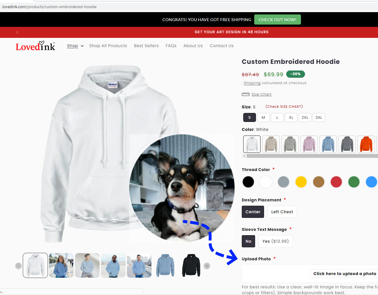 White hoodie with a dog photo on Lovedink website for custom embroidery. Lovedink