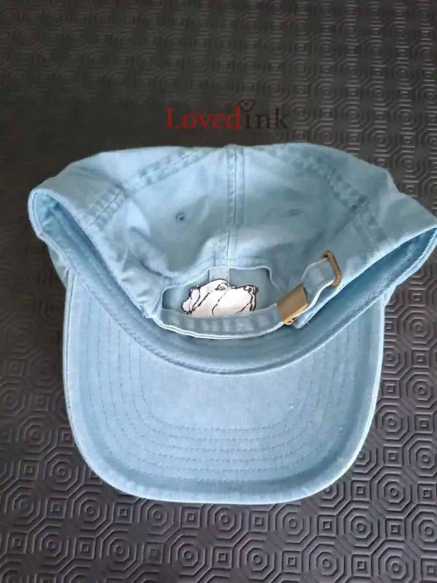 Vintage light blue personalized embroidered cap with pet portrait line art (Lovedink)
