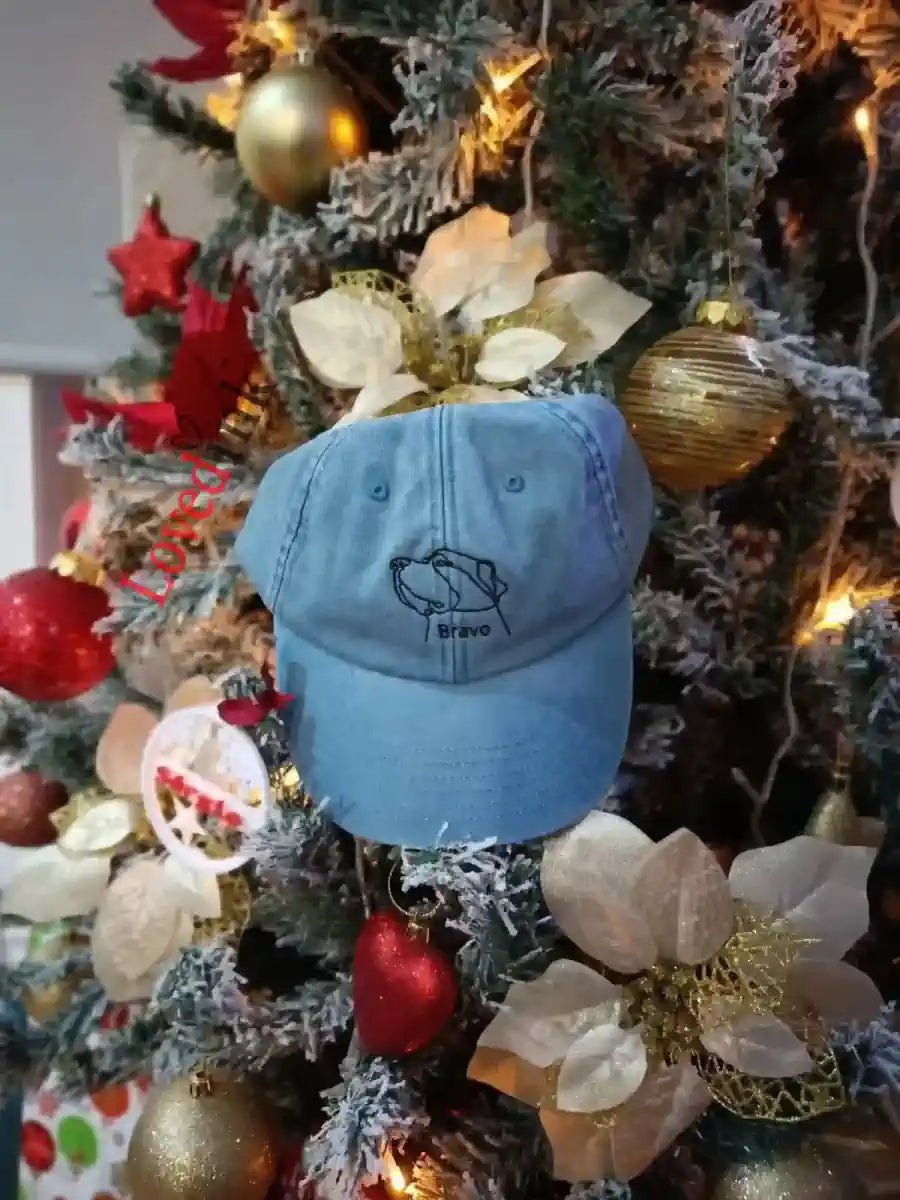 Light blue custom embroidered cap with minimalist pet line art — Christmas gift idea (Lovedink)