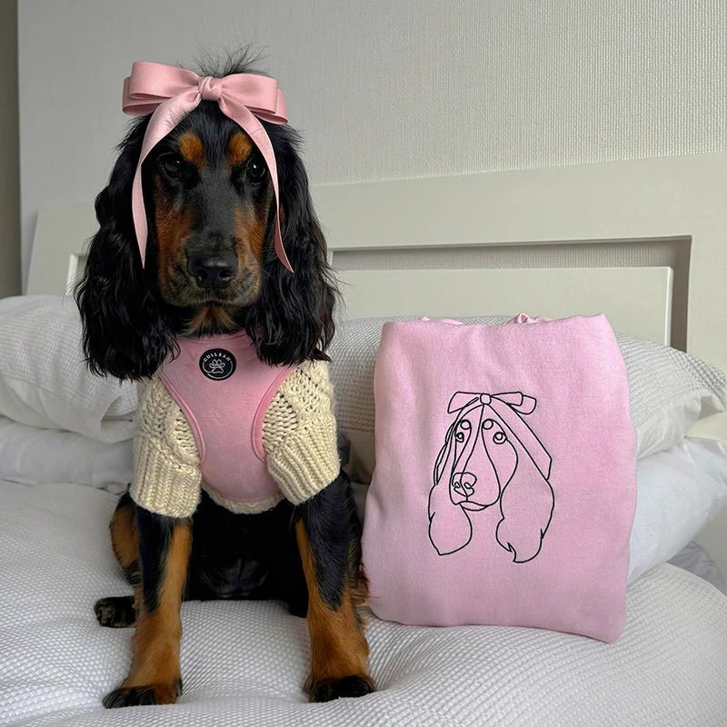 Cocker Spaniel dog next to pink custom embroidered hoodie — personalized pet portrait gift (Lovedink)