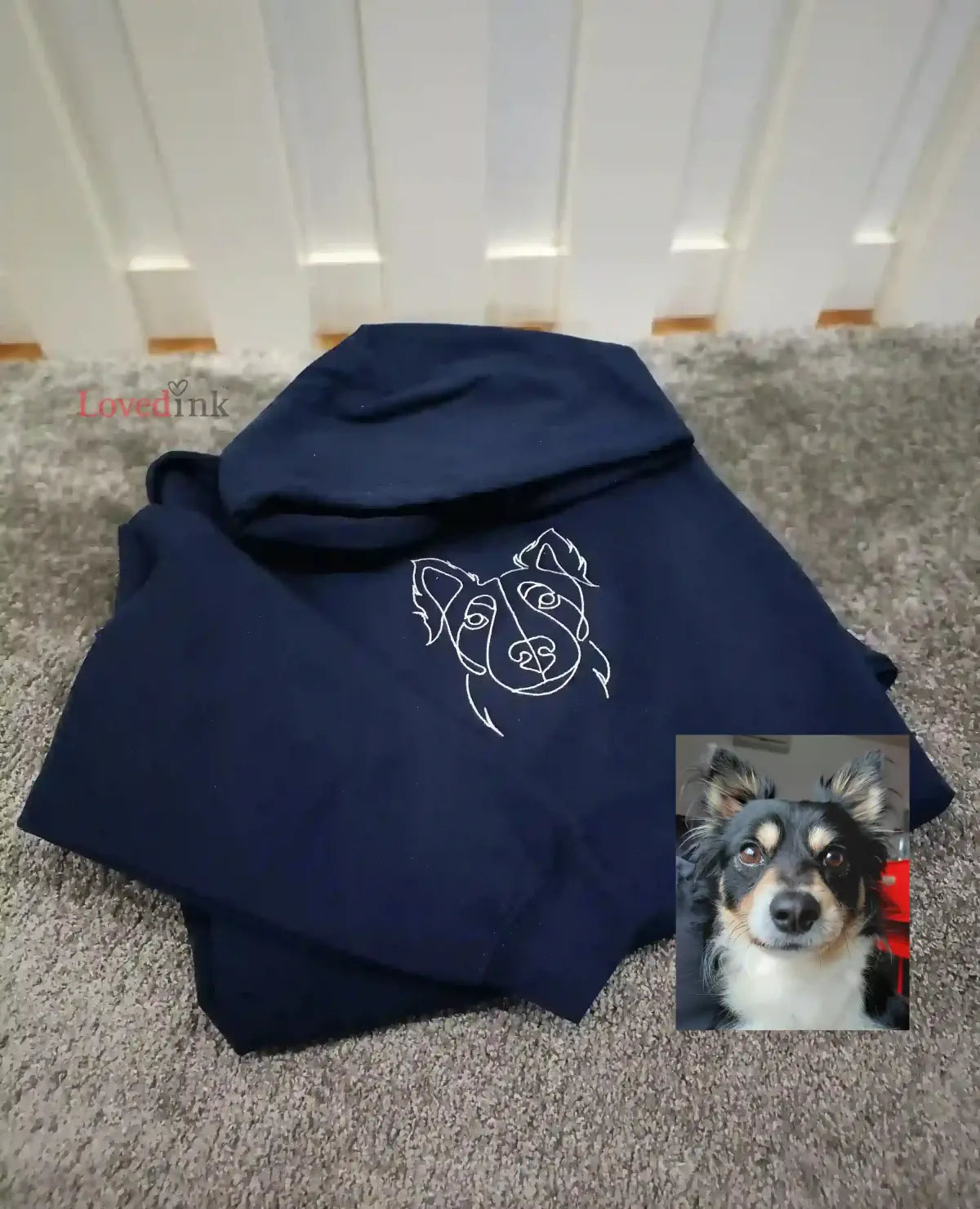 Navy custom embroidered hoodie with minimalist Husky dog line art — personalized pet gift (Lovedink)