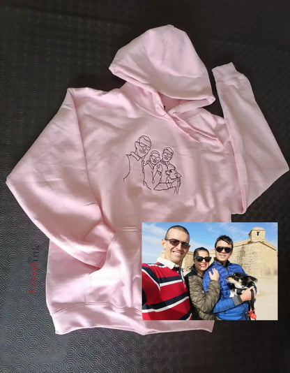 Pink custom embroidered hoodie with minimalist couple and pet line art — personalized gift (Lovedink)