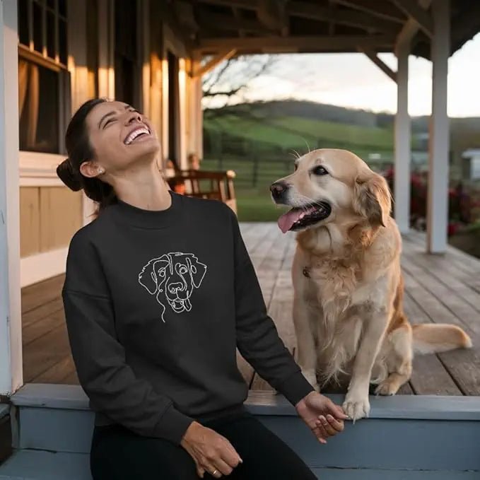 Dark custom embroidered sweatshirt with minimalist family and dog line art  (Lovedink)