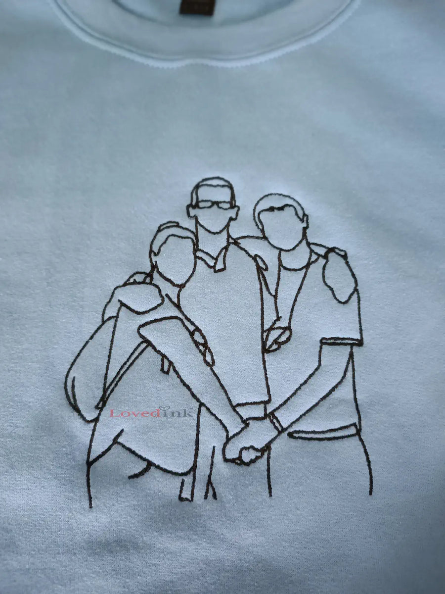 Close up Light blue custom embroidered sweatshirt with minimalist family portrait line art — personalized gift (Lovedink)