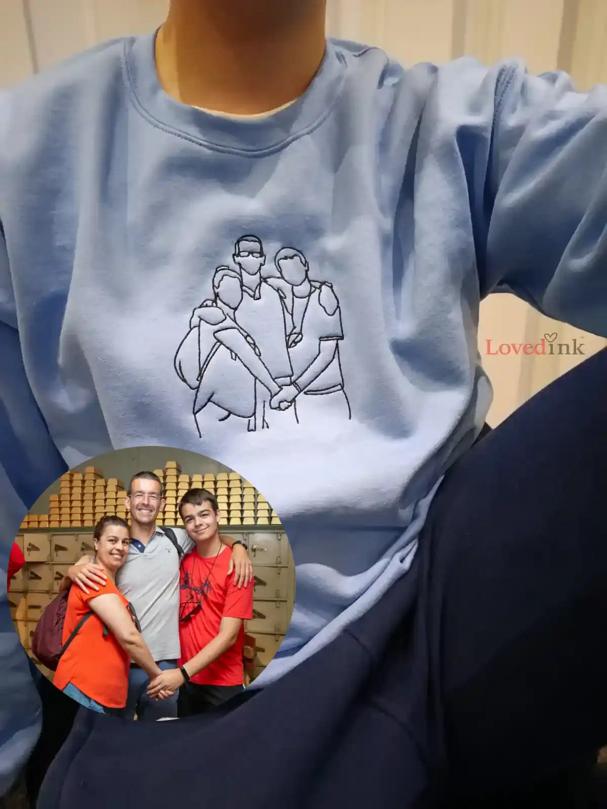 Light blue custom embroidered sweatshirt with minimalist family portrait line art — personalized gift (Lovedink)