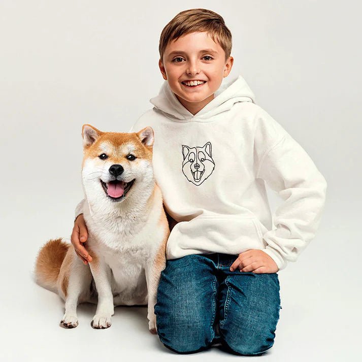 Boy with Shiba Inu dog wearing custom embroidered kids hoodie — personalized pet portrait gift (Lovedink)