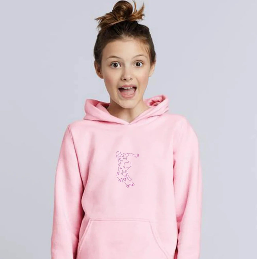 Girl wearing pink custom embroidered kids hoodie with minimalist line art — personalized children's gift (Lovedink)