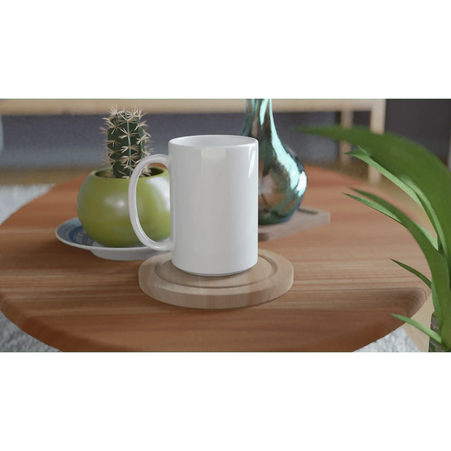 White ceramic 15oz mug — customizable with minimalist line art portrait (Lovedink)