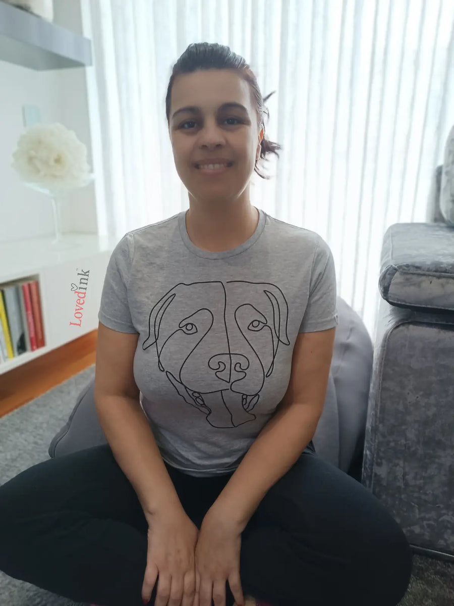 Woman wearing white custom t-shirt with minimalist line art portrait — personalized gift (Lovedink)