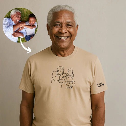 Man wearing a beige t-shirt with a graphic design, smiling, with a small inset showing a related image.